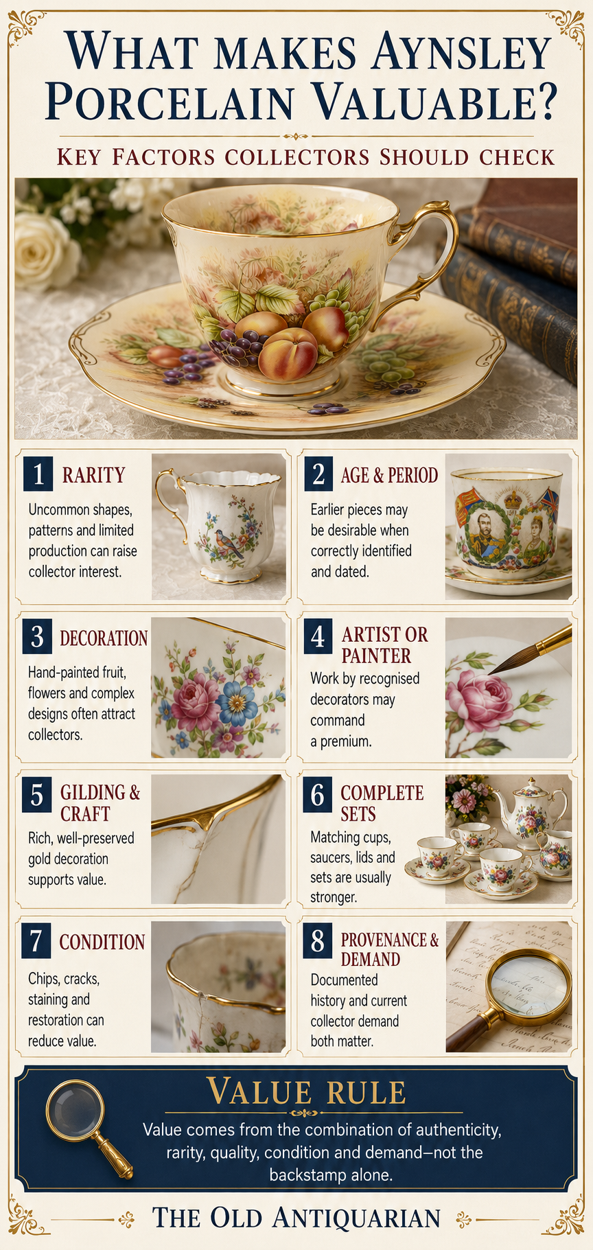 What Makes Aynsley Porcelain Valuable Infographic explaining what makes Aynsley porcelain valuable including rarity, age, decoration and condition