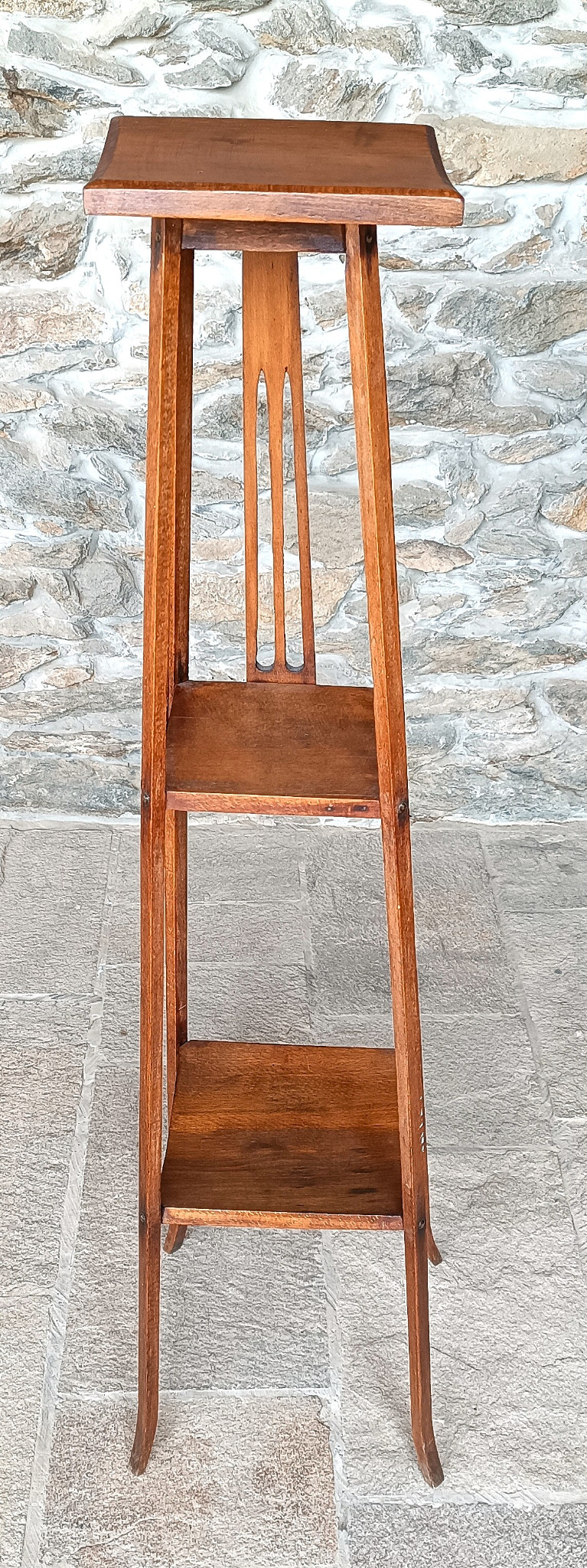 Antique Balkan three-tier plant stand made from steamed beech with brass rivets and decorative vertical cutouts