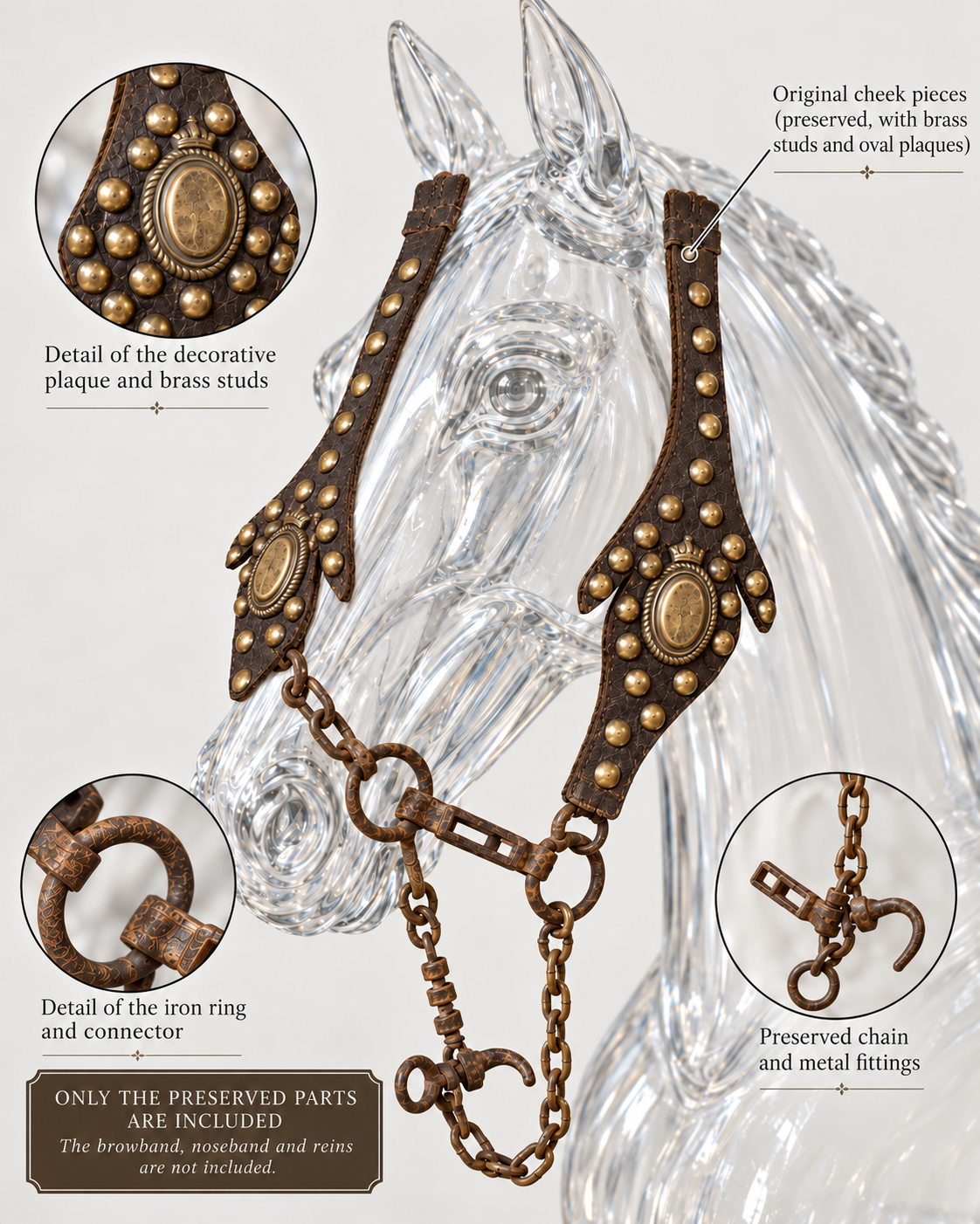 Illustrative reconstruction of an antique Balkan horse bit with preserved leather cheekpieces, brass studs, oval plaques, chain and iron fittings