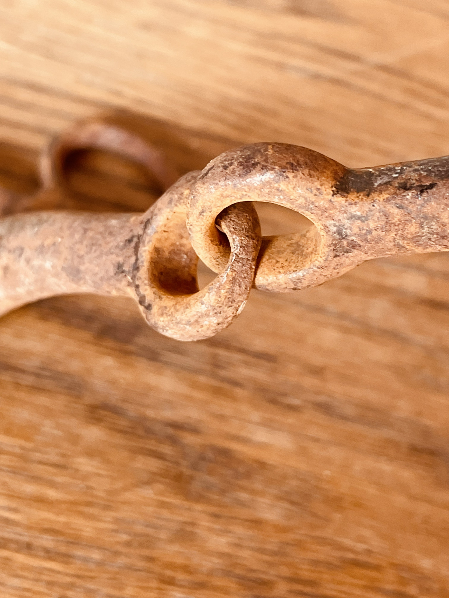 Macro detail of an antique Balkan horse tack forged iron ring and connector with natural rust and age-related patina