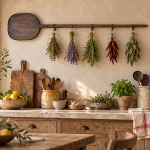 Antique Balkan wooden bread peel displayed horizontally in a rustic Provencal kitchen with hanging herbs, lavender and dried peppers