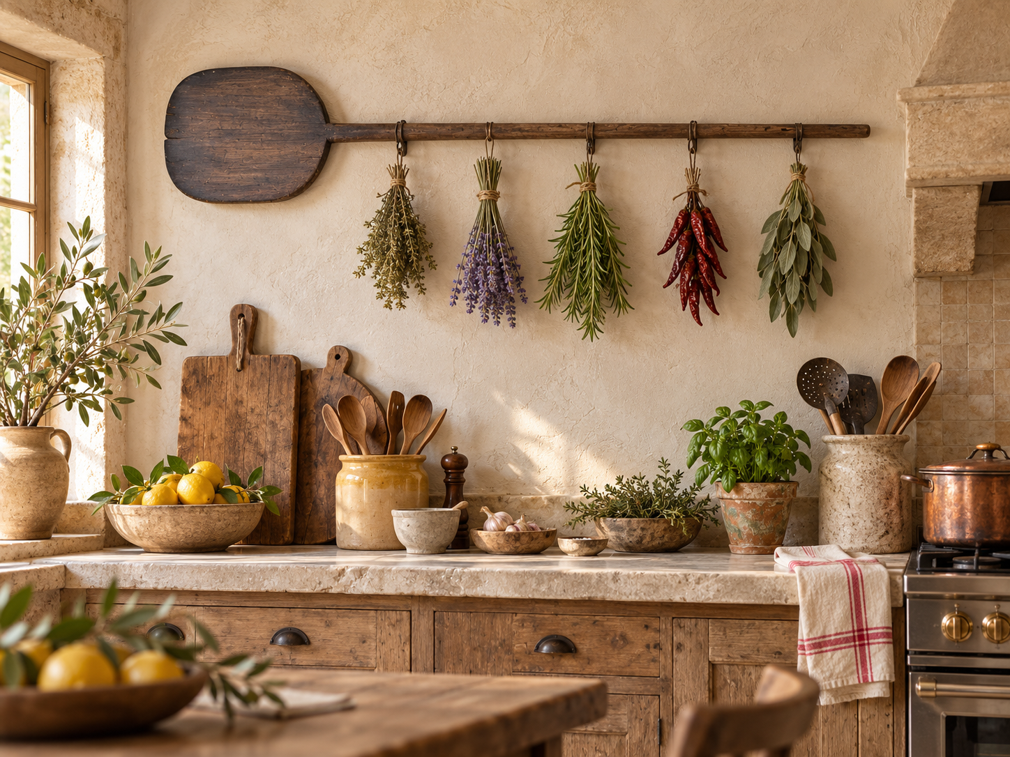 Antique Balkan wooden bread peel displayed horizontally in a rustic Provencal kitchen with hanging herbs, lavender and dried peppers