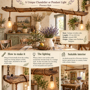 Antique Balkan wooden shoulder yoke from around 1900 transformed into a rustic chandelier with Edison bulbs in a Provence-style kitchen