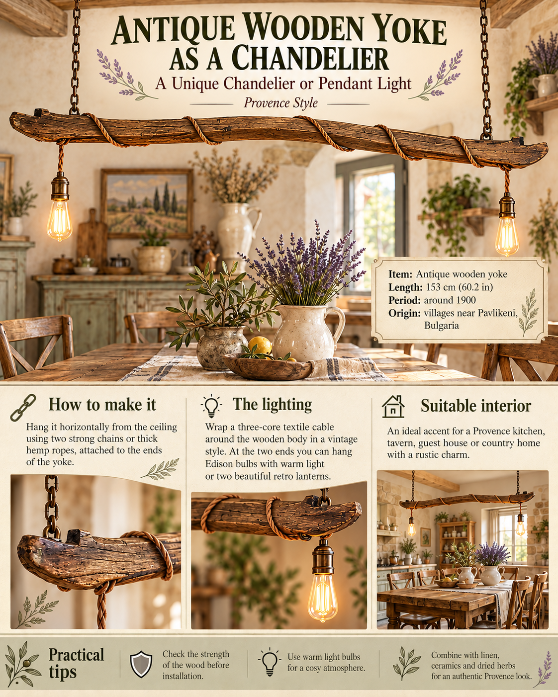 Antique Balkan wooden shoulder yoke from around 1900 transformed into a rustic chandelier with Edison bulbs in a Provence-style kitchen