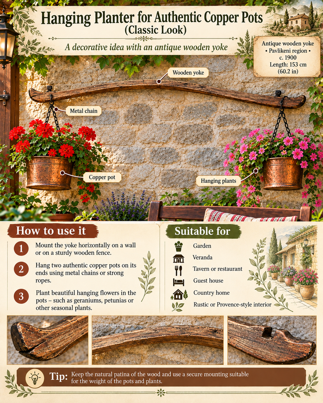 Antique Balkan wooden shoulder yoke from around 1900 displayed with hanging copper pots and flowers in a rustic Provence-style setting