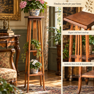 Antique tall beech plant stand with brass rivets and three tiers displayed with flowers in a classic interior