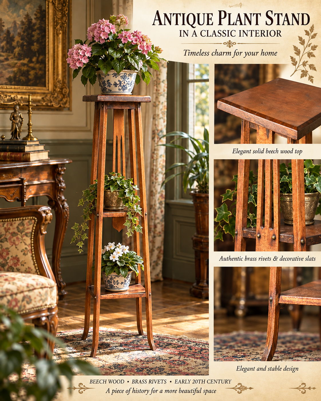 Antique tall beech plant stand with brass rivets and three tiers displayed with flowers in a classic interior