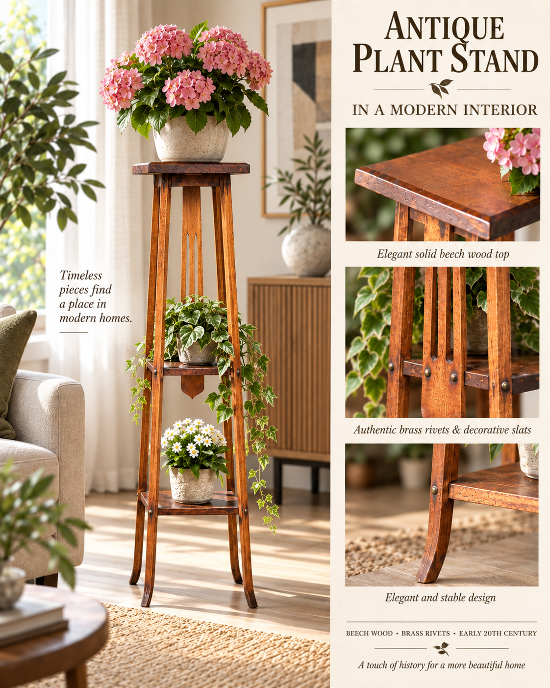 Antique tall beech plant stand with brass rivets and three tiers displayed with flowering plants in a modern interior
