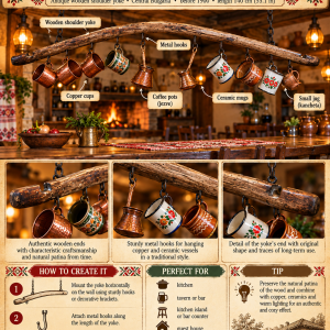 Antique Bulgarian wooden shoulder yoke from Central Bulgaria displayed in a rustic kitchen with hanging copper cups, coffee pots and ceramic mugs