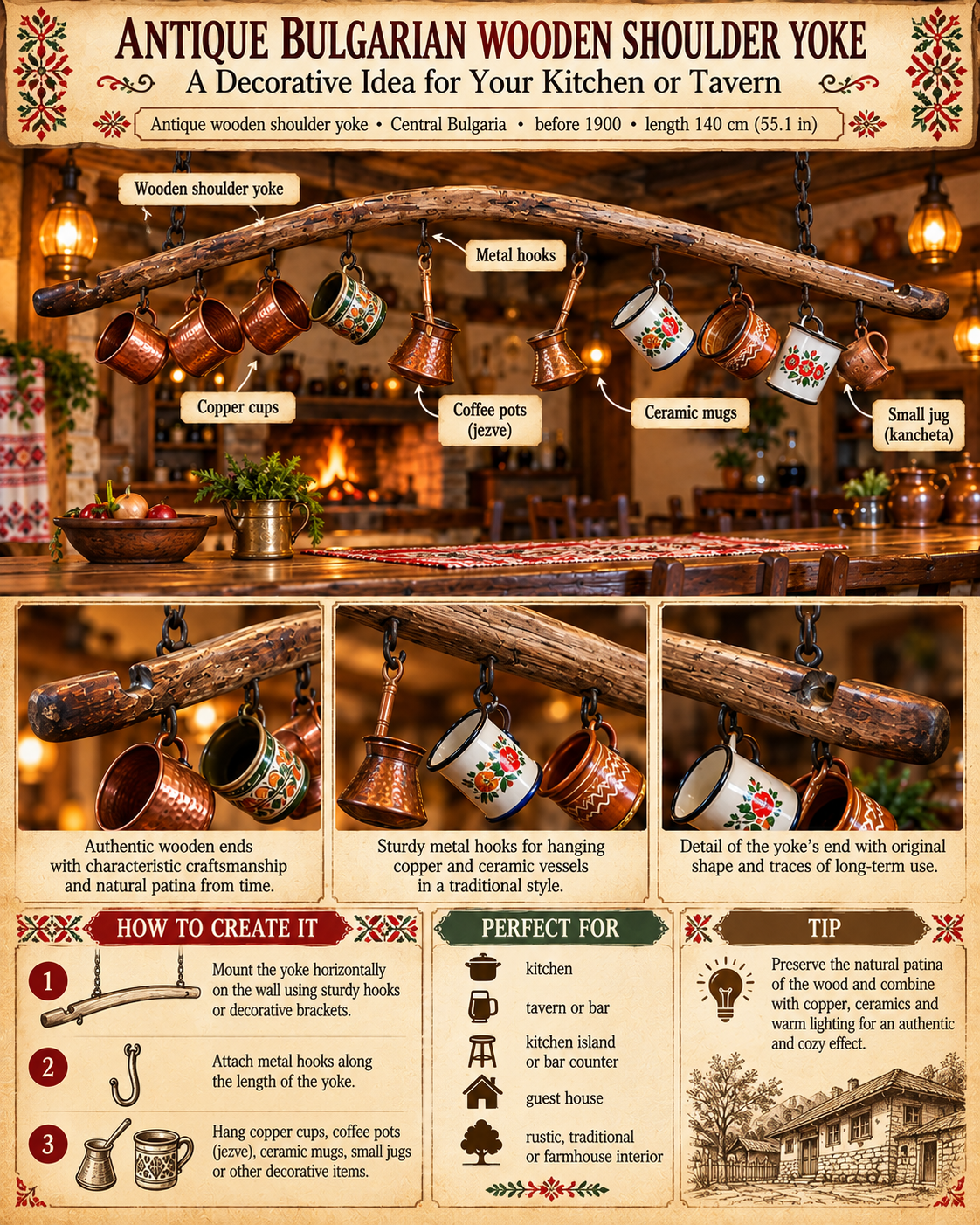 Antique Bulgarian wooden shoulder yoke from Central Bulgaria displayed in a rustic kitchen with hanging copper cups, coffee pots and ceramic mugs