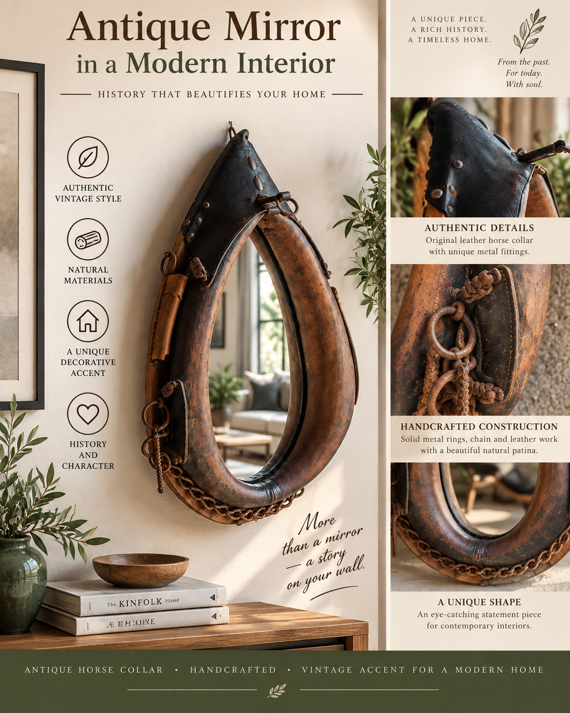 Antique horse collar mirror with original leather, metal fittings and chain displayed as a decorative accent in a modern interior