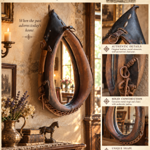Antique mirror made from an old leather horse collar with original metal rings, chain and aged patina in a vintage interior