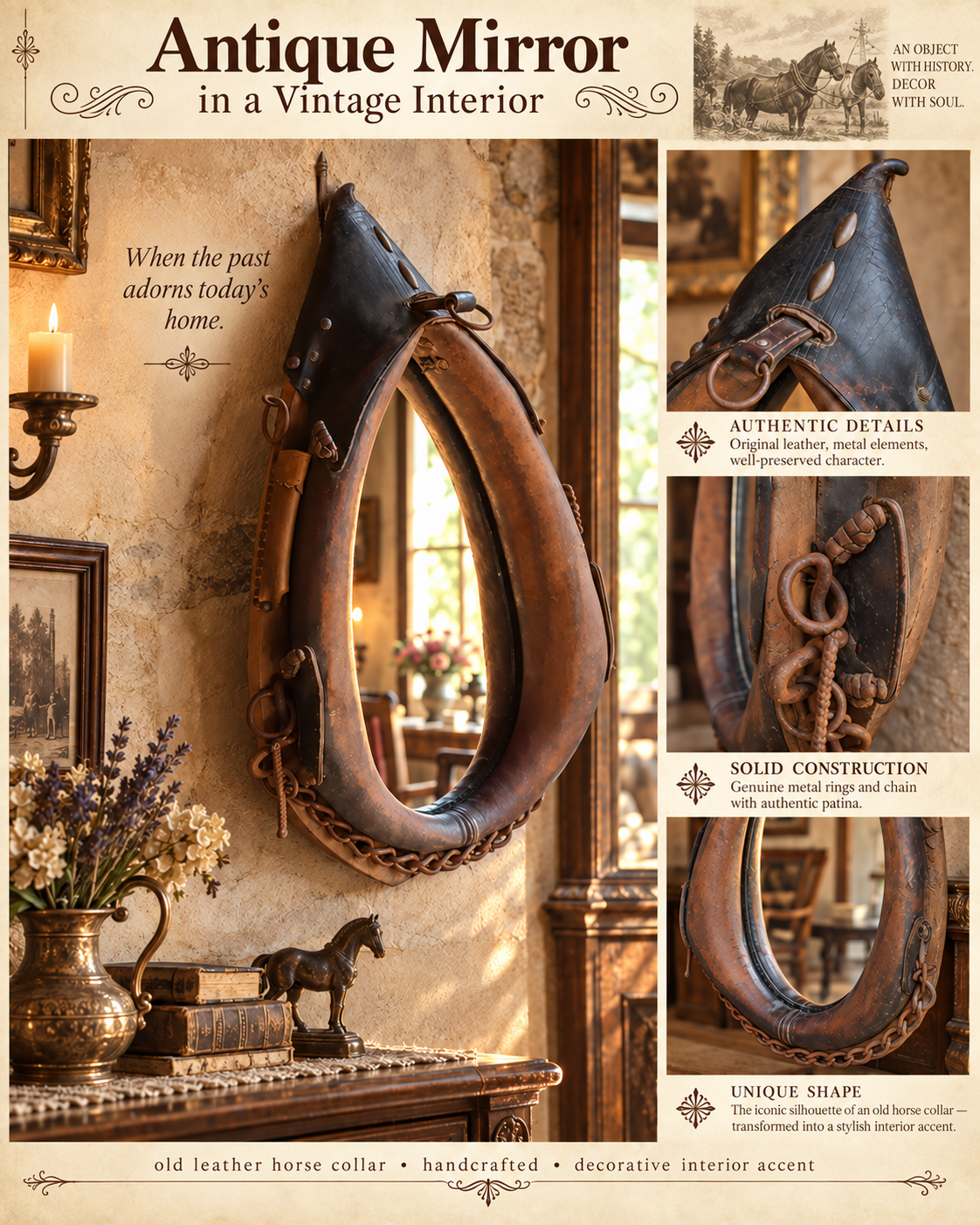 Antique mirror made from an old leather horse collar with original metal rings, chain and aged patina in a vintage interior