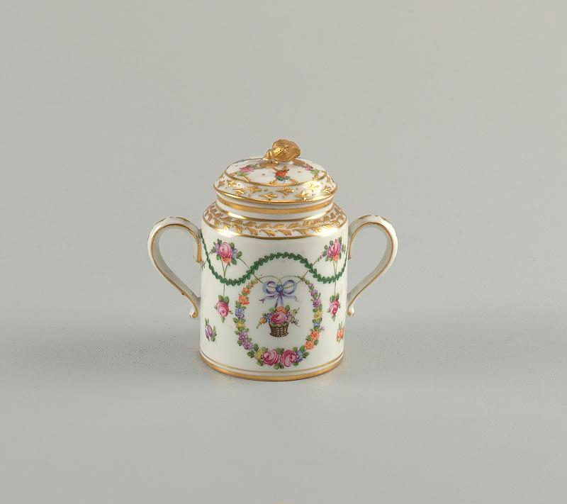 Carl Thieme Dresden porcelain two-handled sugar bowl with floral garlands and gilding, c. 1900