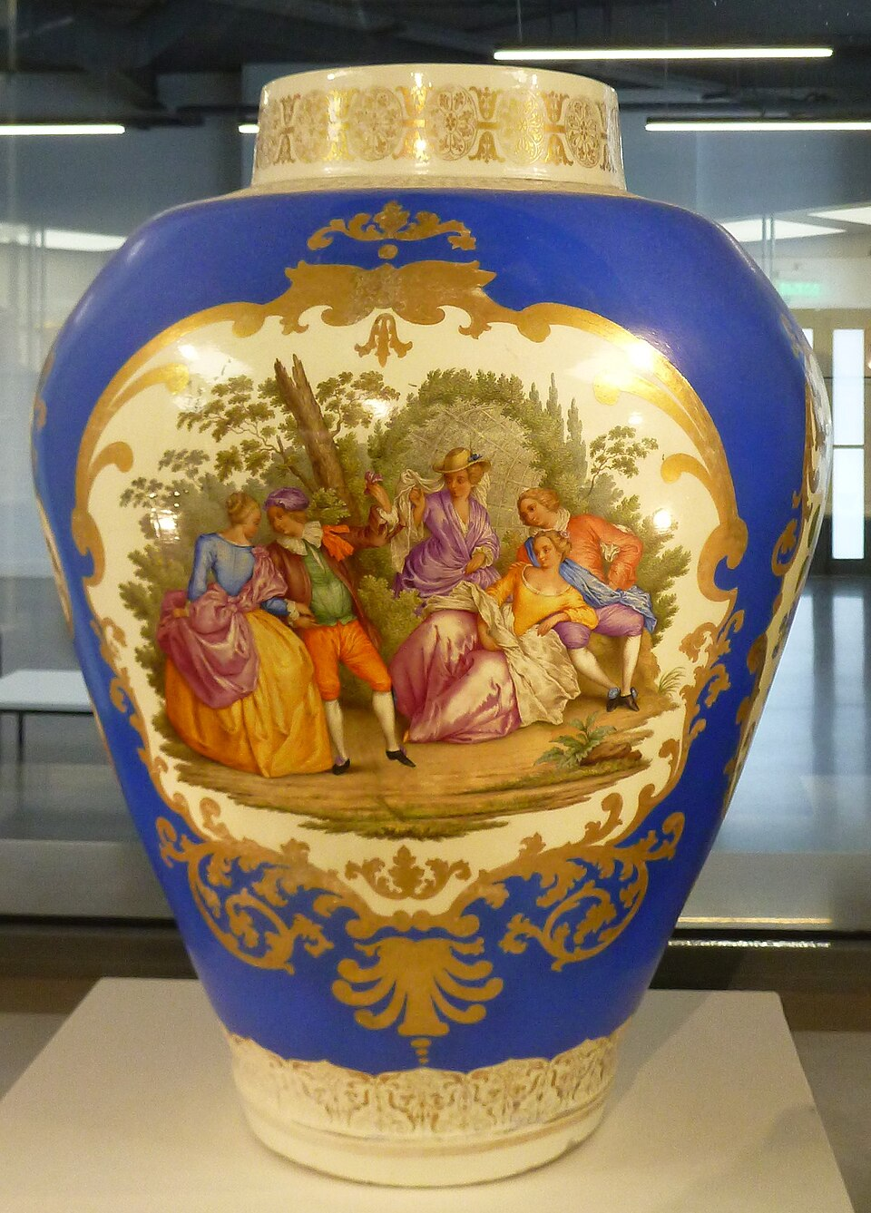 Helena Wolfsohn Dresden porcelain vase with cobalt blue ground, painted figural scene and gilding, 1878–1882