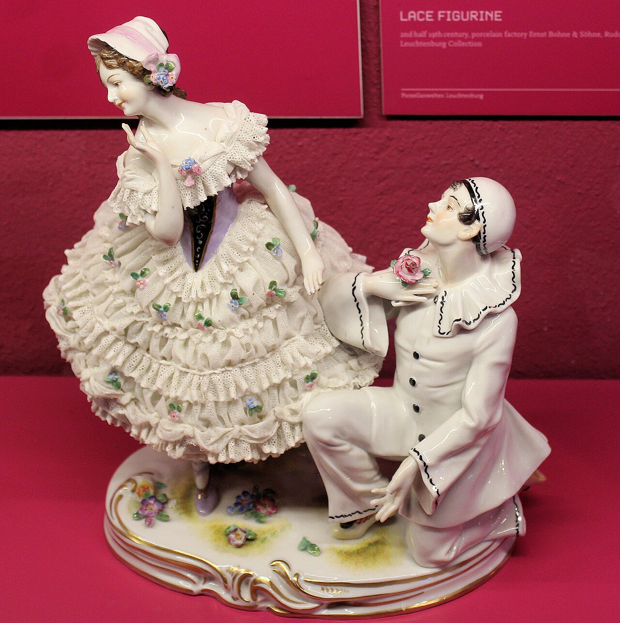 Ernst Bohne Söhne Rudolstadt porcelain lace figurine group with applied floral decoration