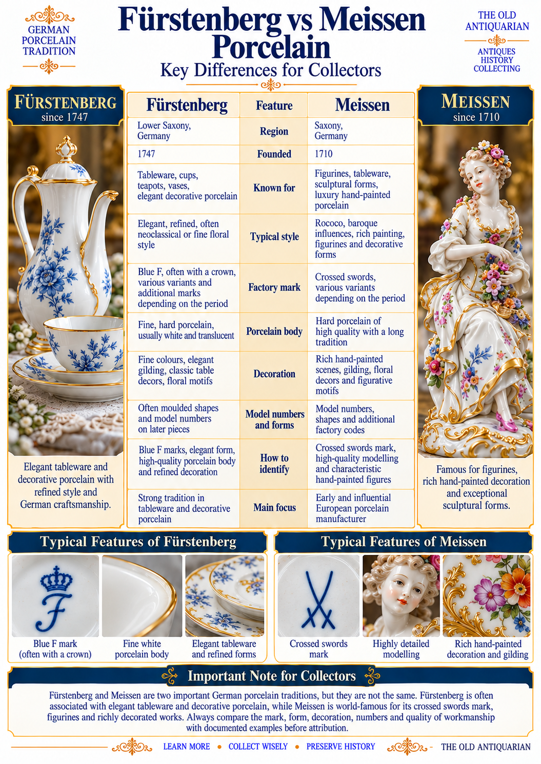 Fürstenberg vs Meissen porcelain comparison showing differences in history, factory marks, forms, decoration and identification