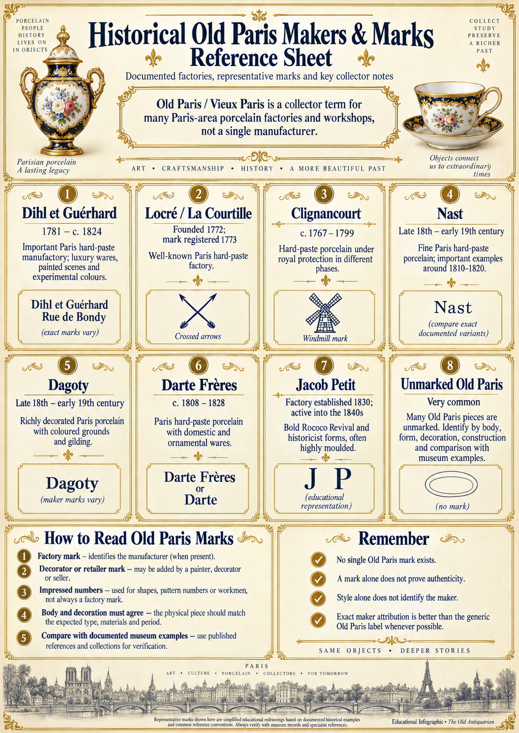 Historical Old Paris Makers & Marks Reference Sheet Historical Old Paris porcelain makers and marks reference sheet with Dihl et Guérhard, Locré, Clignancourt, Nast, Dagoty, Darte and Jacob Petit