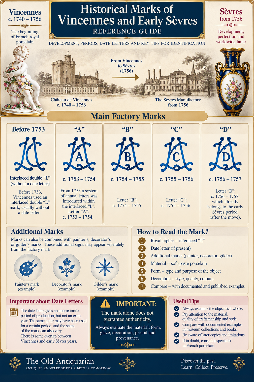 Historical Vincennes and Early Sèvres Marks Reference Guide Historical Vincennes and early Sèvres porcelain marks reference guide with interlaced L marks, date letters and identification tips