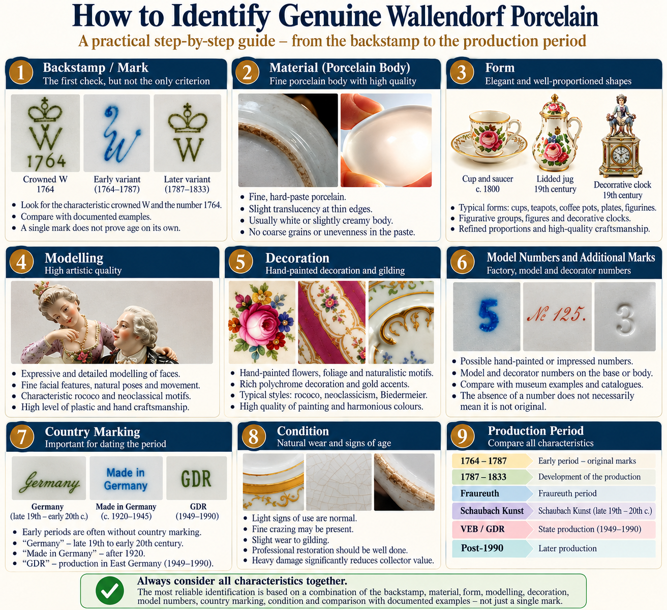 How to identify genuine Wallendorf porcelain by mark, porcelain body, form, modelling, decoration, model numbers, country wording, condition and production period
