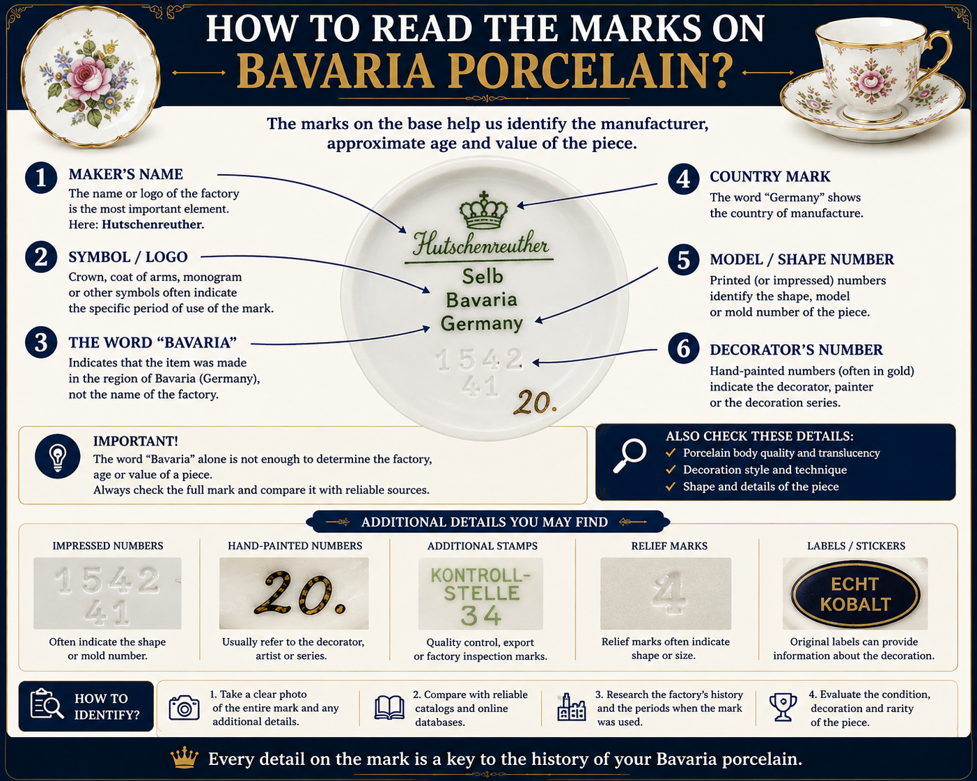 How to read Bavaria porcelain marks including maker name logo Bavaria wording country mark model number and decorator number