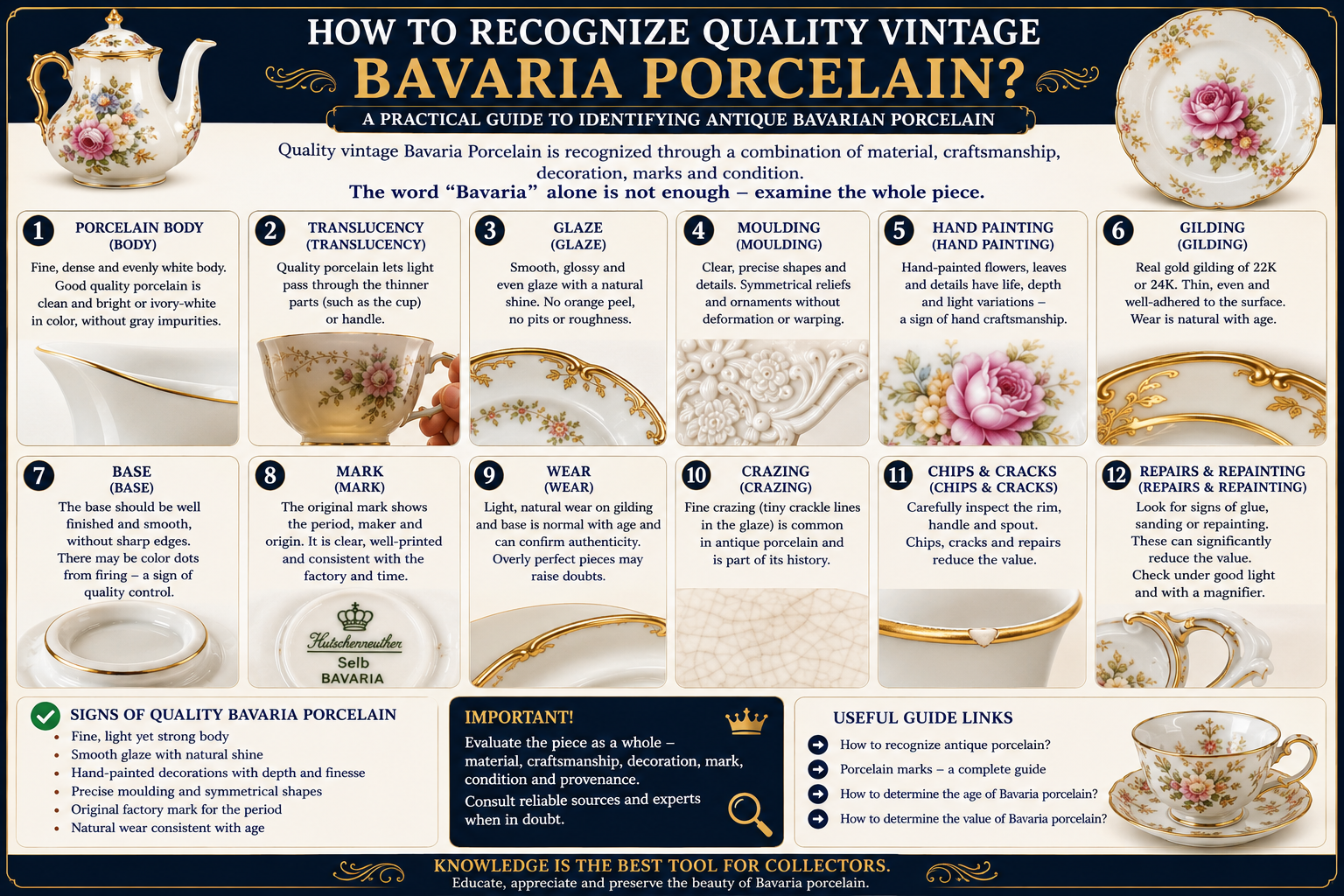 How to recognize quality vintage Bavaria porcelain by body translucency glaze hand painting gilding marks wear and condition