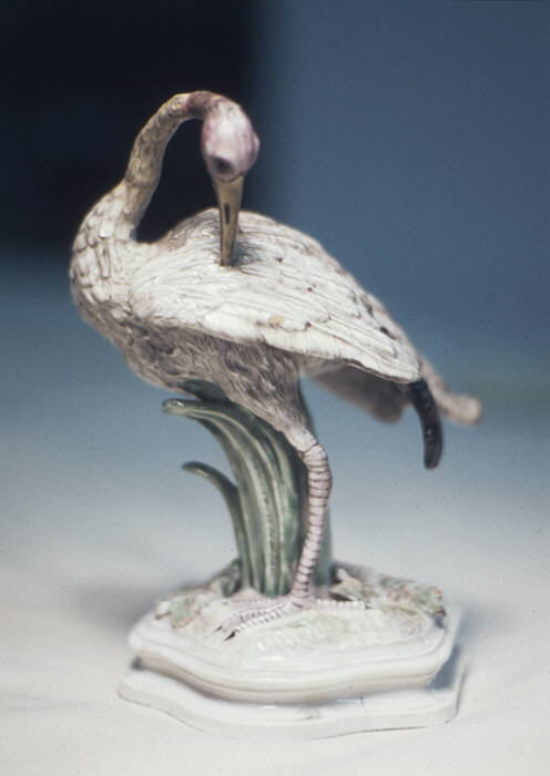Nymphenburg Crane – Dominikus Auliczek, c. 1767 Nymphenburg porcelain crane figure by Dominikus Auliczek, circa 1767, modelled with naturalistic plumage and plant-form base