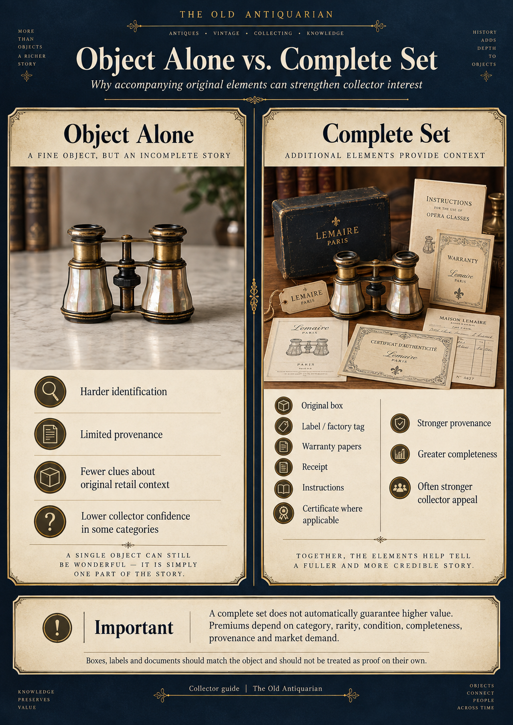 Object alone vs complete set with original box tags warranty papers receipt instructions and provenance documents