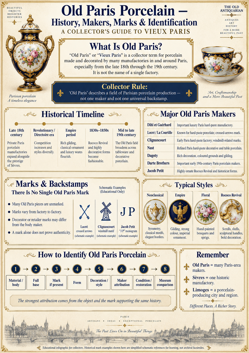 Old Paris Porcelain – History, Makers, Marks & Identification Old Paris porcelain history, makers, marks and identification guide with Vieux Paris factories, styles and collector tips