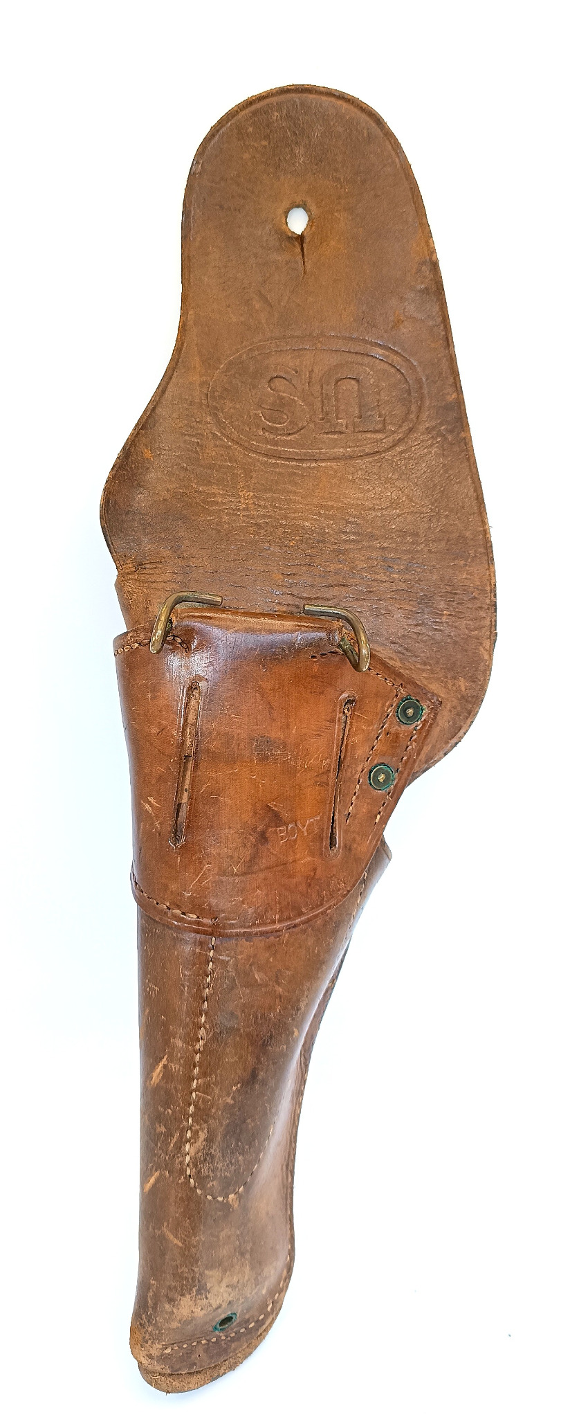 Open view of an original U.S. M1916 leather holster for Colt M1911/M1911A1 showing U.S. and BOYT markings