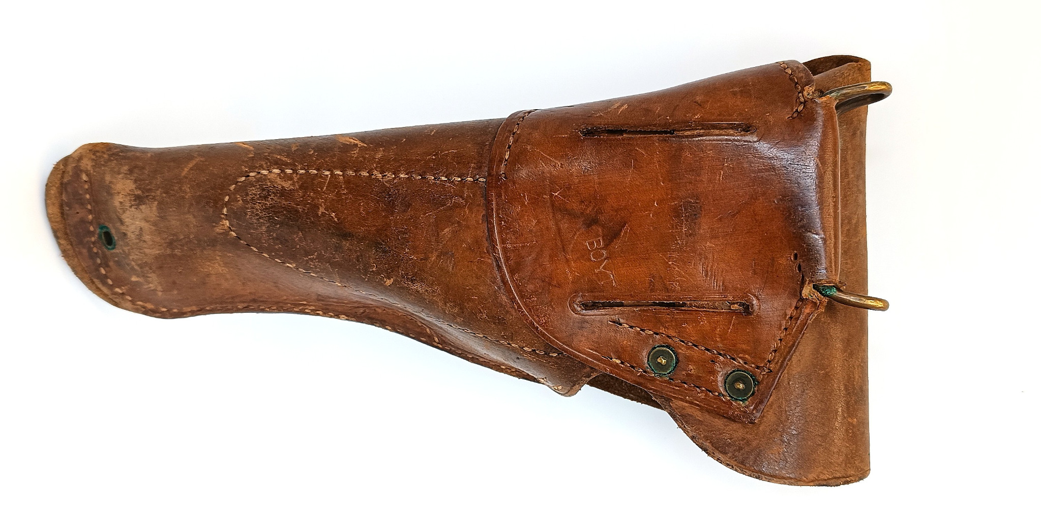 Rear view of an original U.S. M1916 leather holster for Colt M1911/M1911A1 with BOYT marking