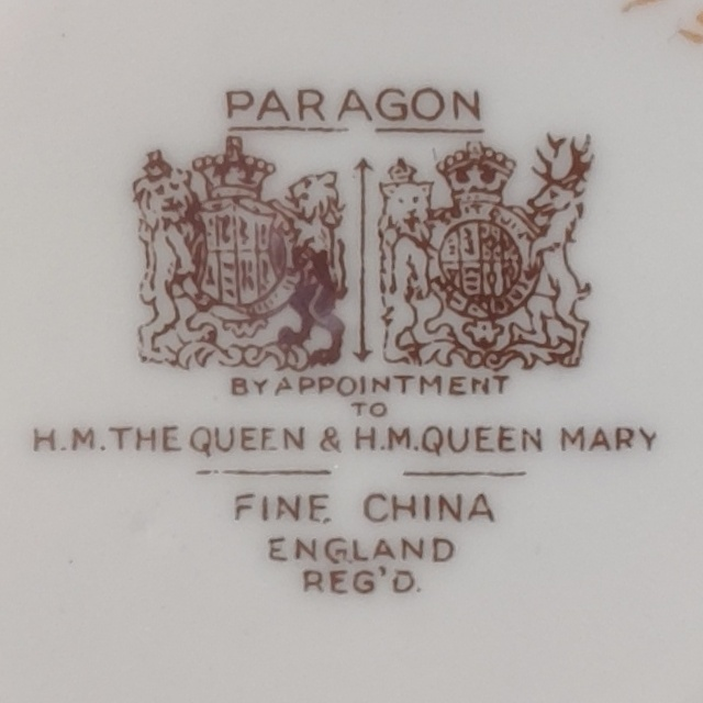Paragon China double Royal Warrant backstamp with H.M. The Queen and H.M. Queen Mary wording