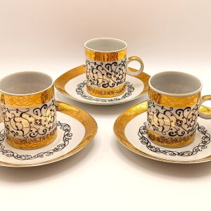 Rare Bulgarian EAB bone china espresso set with 24K gold decoration, 3 cups and 3 saucers