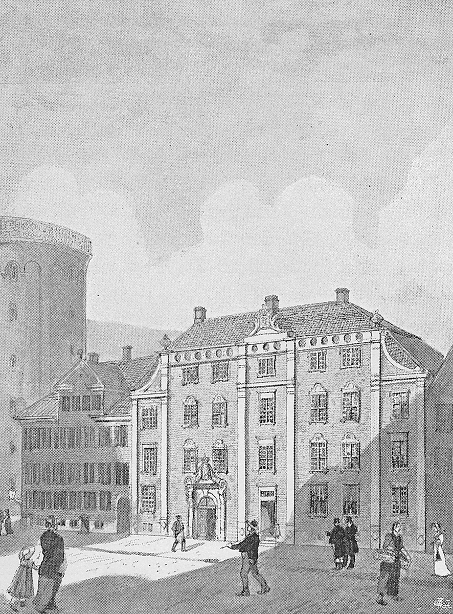 Historic Royal Copenhagen porcelain factory on Købmagergade in Copenhagen, Denmark, during the first half of the 19th century