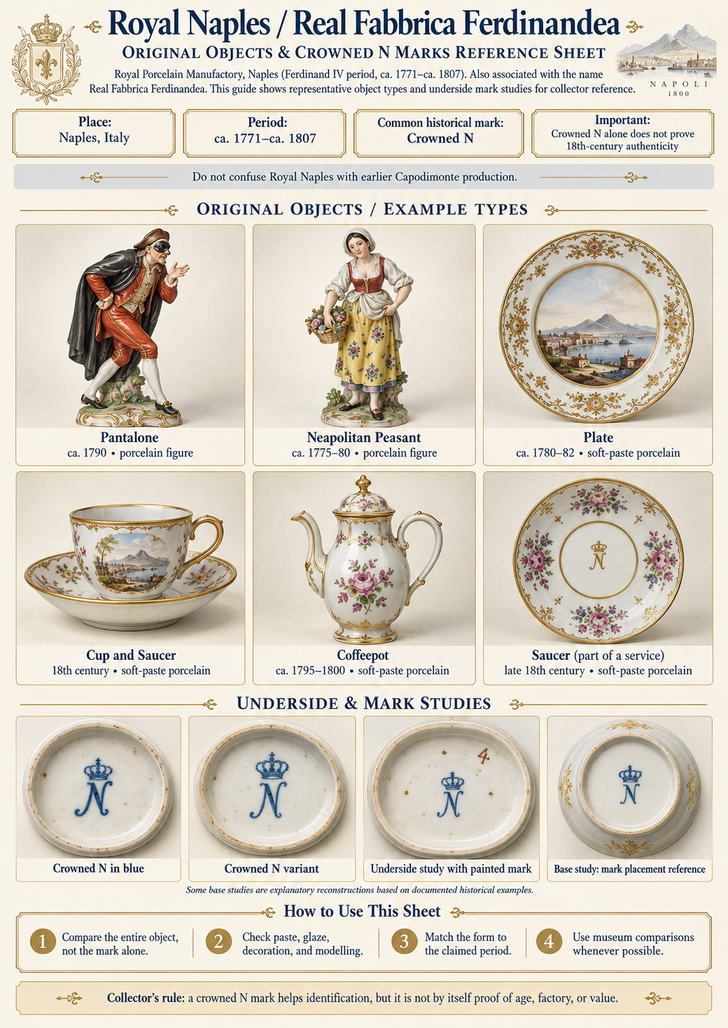 Royal Naples Objects and Crowned N Marks Reference Royal Naples and Real Fabbrica Ferdinandea porcelain reference infographic with representative objects, dates and Crowned N porcelain mark studies