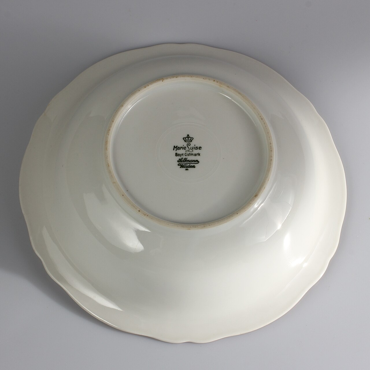 Seltmann Weiden porcelain backstamp on Marie Luise plate with crown, Bayr. Ostmark and Weiden factory wording