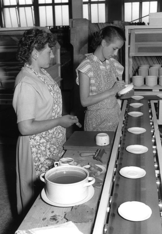 Workers inspecting porcelain at the Seltmann Weiden factory in Bavaria Germany in 1954