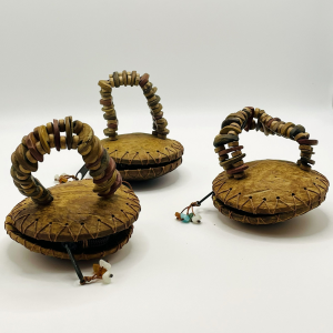 Set of 3 vintage handmade coconut shell purses with decorative handles, stitched edges and zip closures