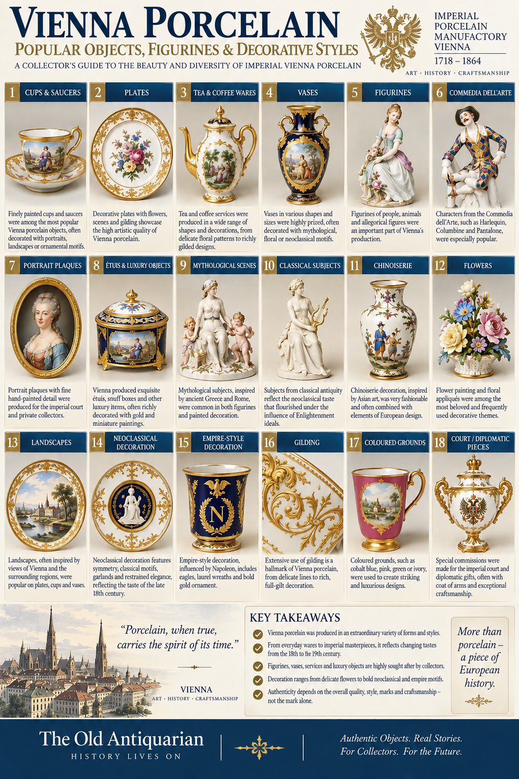Vienna porcelain objects, figurines and decorative styles including cups, plates, vases, Commedia dell’Arte, portrait plaques, Neoclassical and Empire decoration