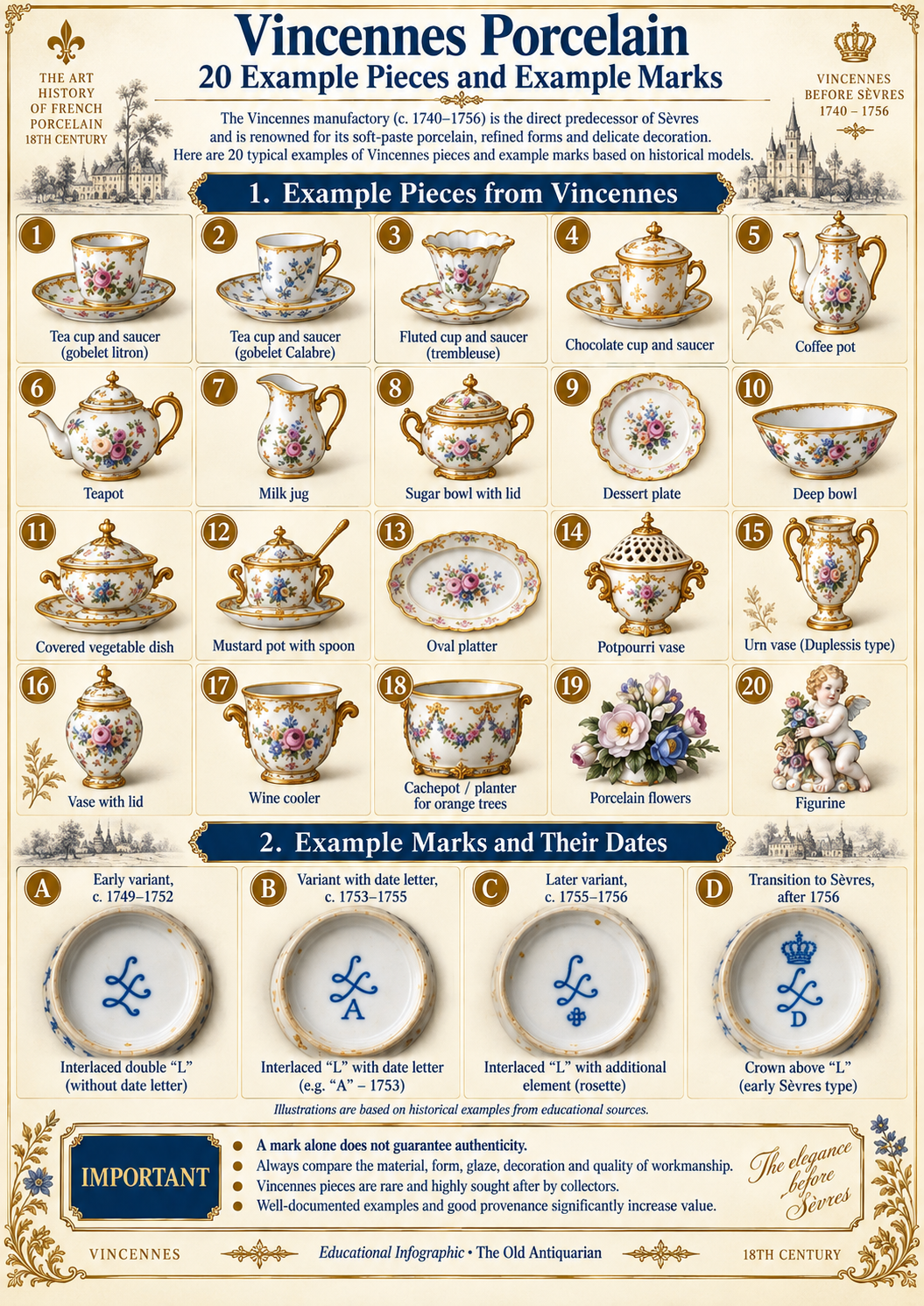 Vincennes Porcelain – 20 Example Pieces and Marks Vincennes porcelain infographic with 20 example pieces, historical forms and example factory marks