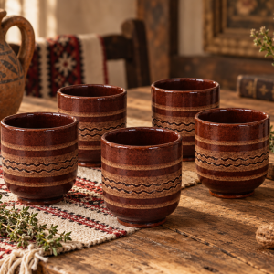Set of five vintage Balkan ceramic cups with brown glaze and wavy folk decoration displayed in a rustic interior