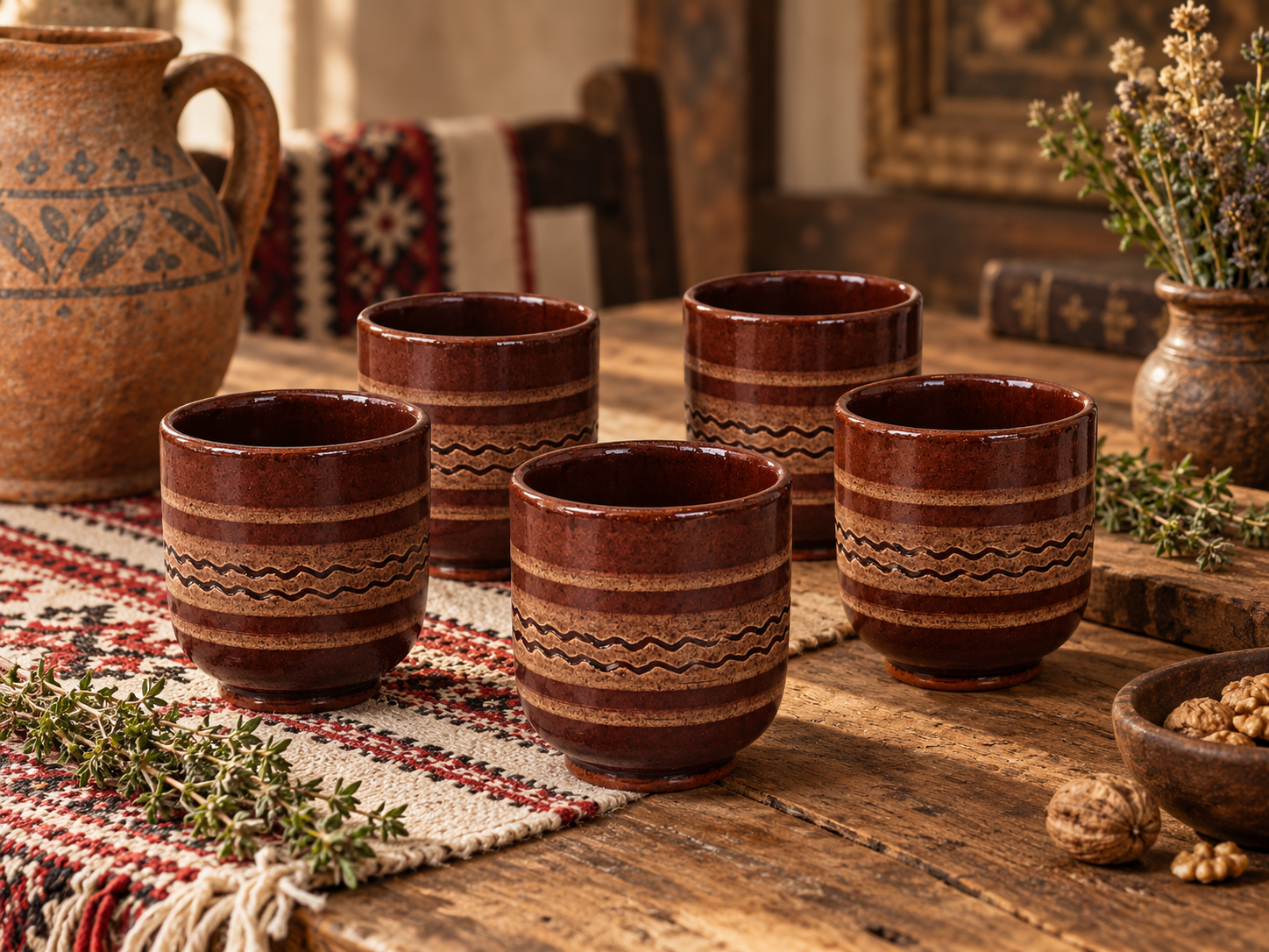 Set of five vintage Balkan ceramic cups with brown glaze and wavy folk decoration displayed in a rustic interior