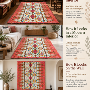 Vintage Bulgarian wool kitenik rug shown in an antique interior, a modern living room and displayed as textile wall art