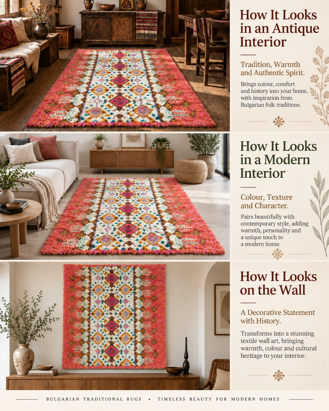 Vintage Bulgarian wool kitenik rug shown in an antique interior, a modern living room and displayed as textile wall art