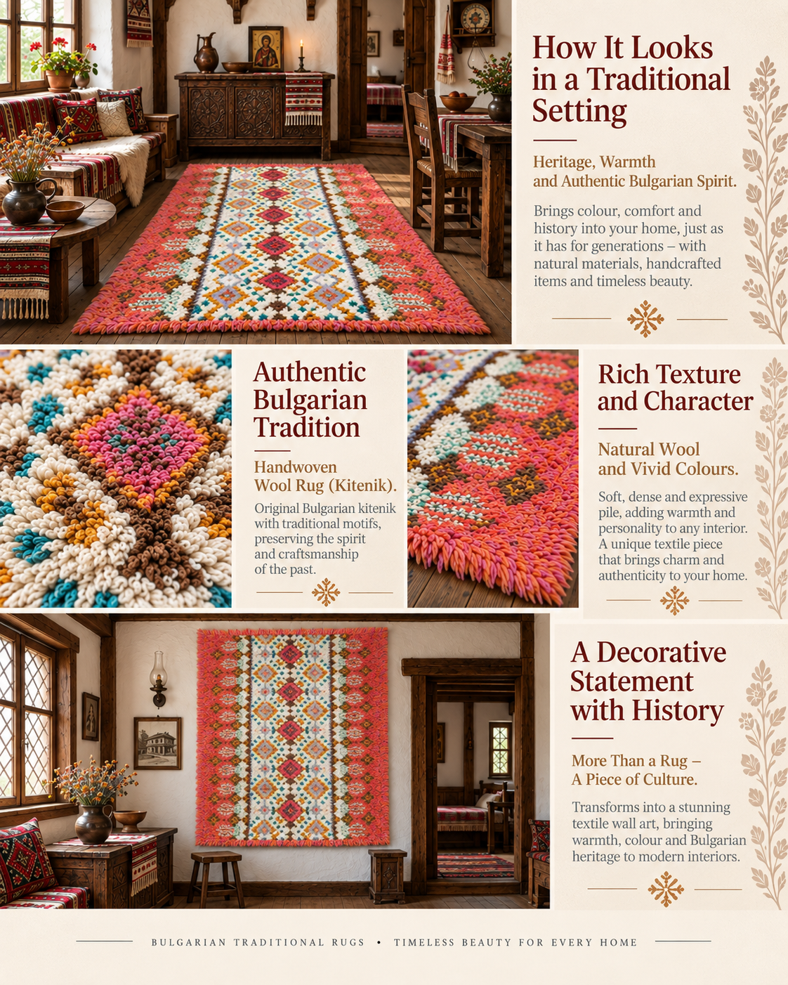 Vintage Bulgarian handwoven wool kitenik shown in a traditional interior with carved wood furniture and displayed as textile wall art