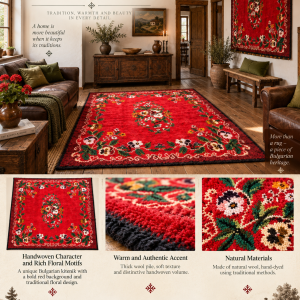 Vintage Bulgarian handwoven wool kitenik with red floral motifs displayed in a traditional interior with dark wood furniture and folk decor