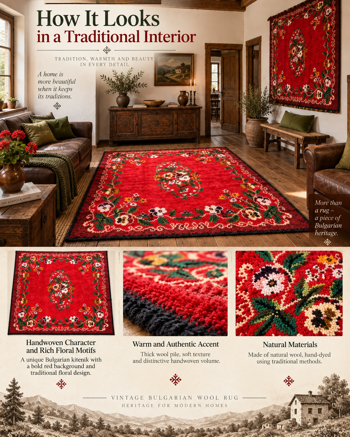Vintage Bulgarian handwoven wool kitenik with red floral motifs displayed in a traditional interior with dark wood furniture and folk decor
