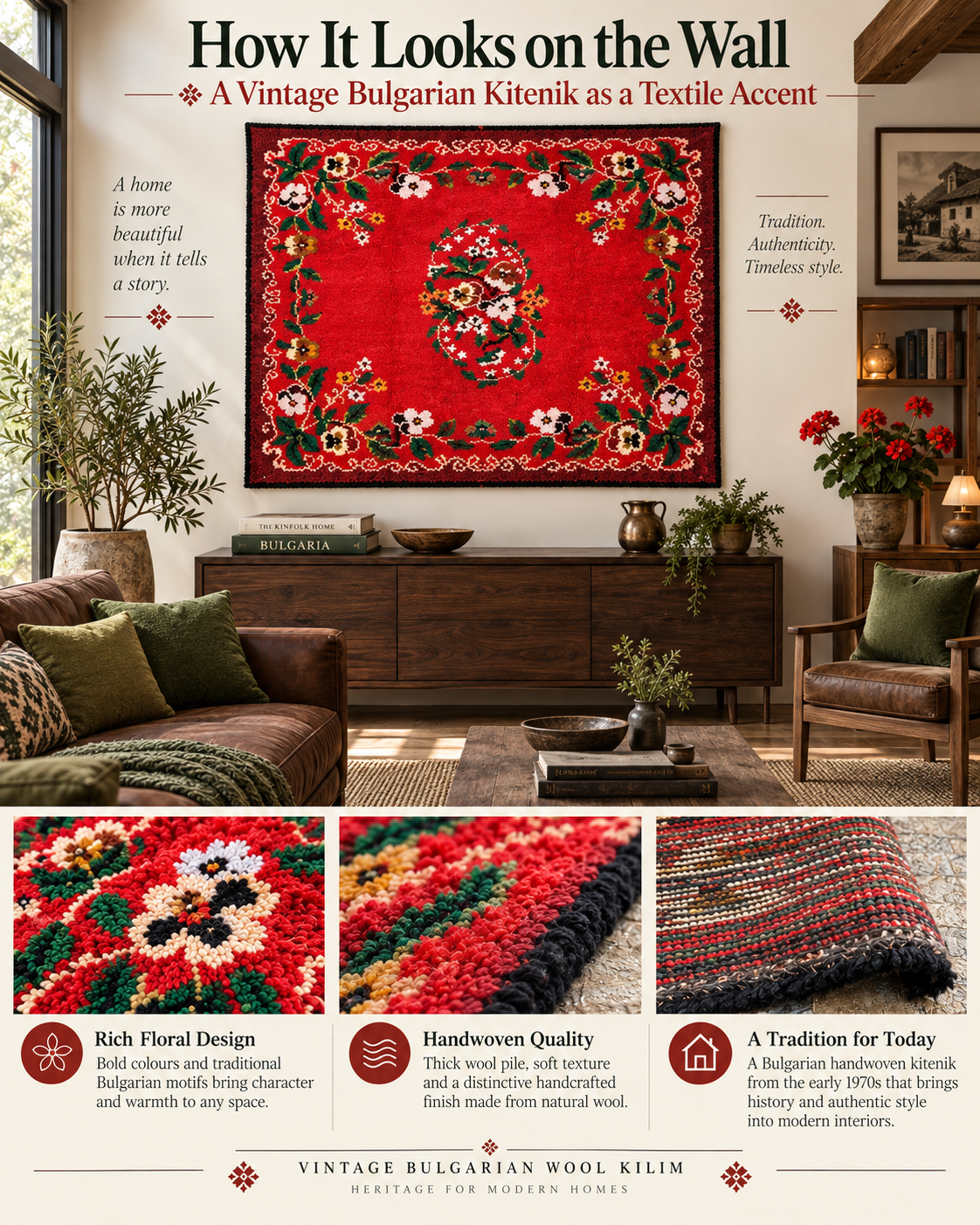 Vintage Bulgarian handwoven wool kitenik with red floral motifs displayed as wall art in a modern interior