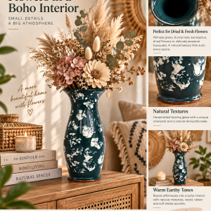Infographic showing a vintage ceramic vase with dark green glaze and white abstract decoration styled with flowers in a warm boho interior