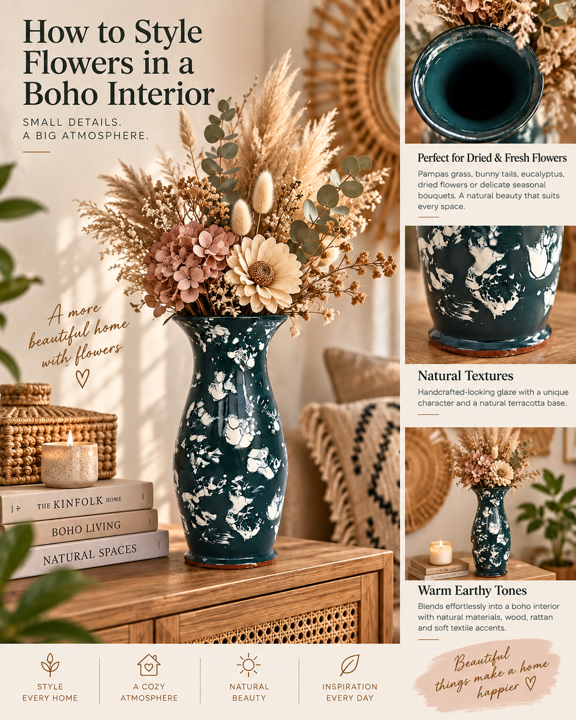 Infographic showing a vintage ceramic vase with dark green glaze and white abstract decoration styled with flowers in a warm boho interior